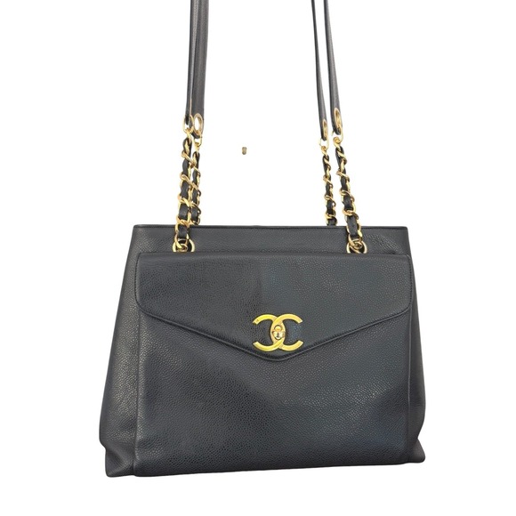 CHANEL Handbags - CHANEL Vintage Black Caviar Leather CC Shoulder Tote Bag Gold Hardware